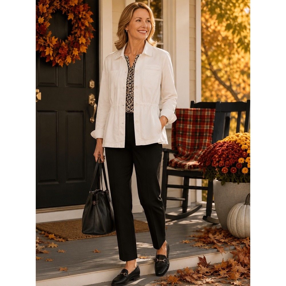 Talbots Womens White Cotton Utility Field Jacket Button Up Drawstring Waist M